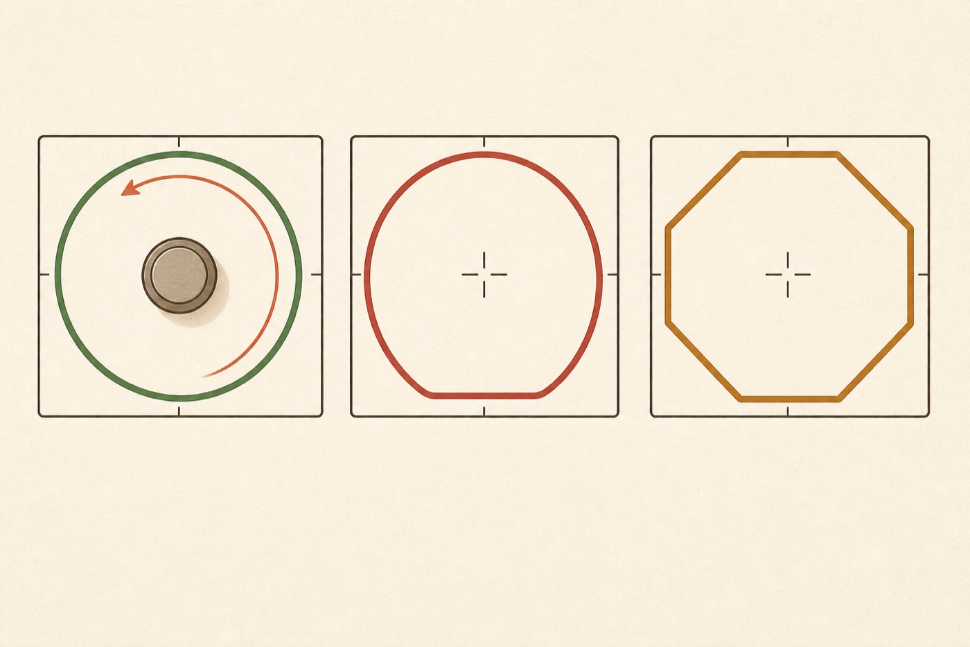 Three analog-stick circularity traces in square gates: a smooth round green ring (healthy), a red ring flattened on one side (a worn flat spot), and an amber octagonal trace (squared off against a mechanical gate).