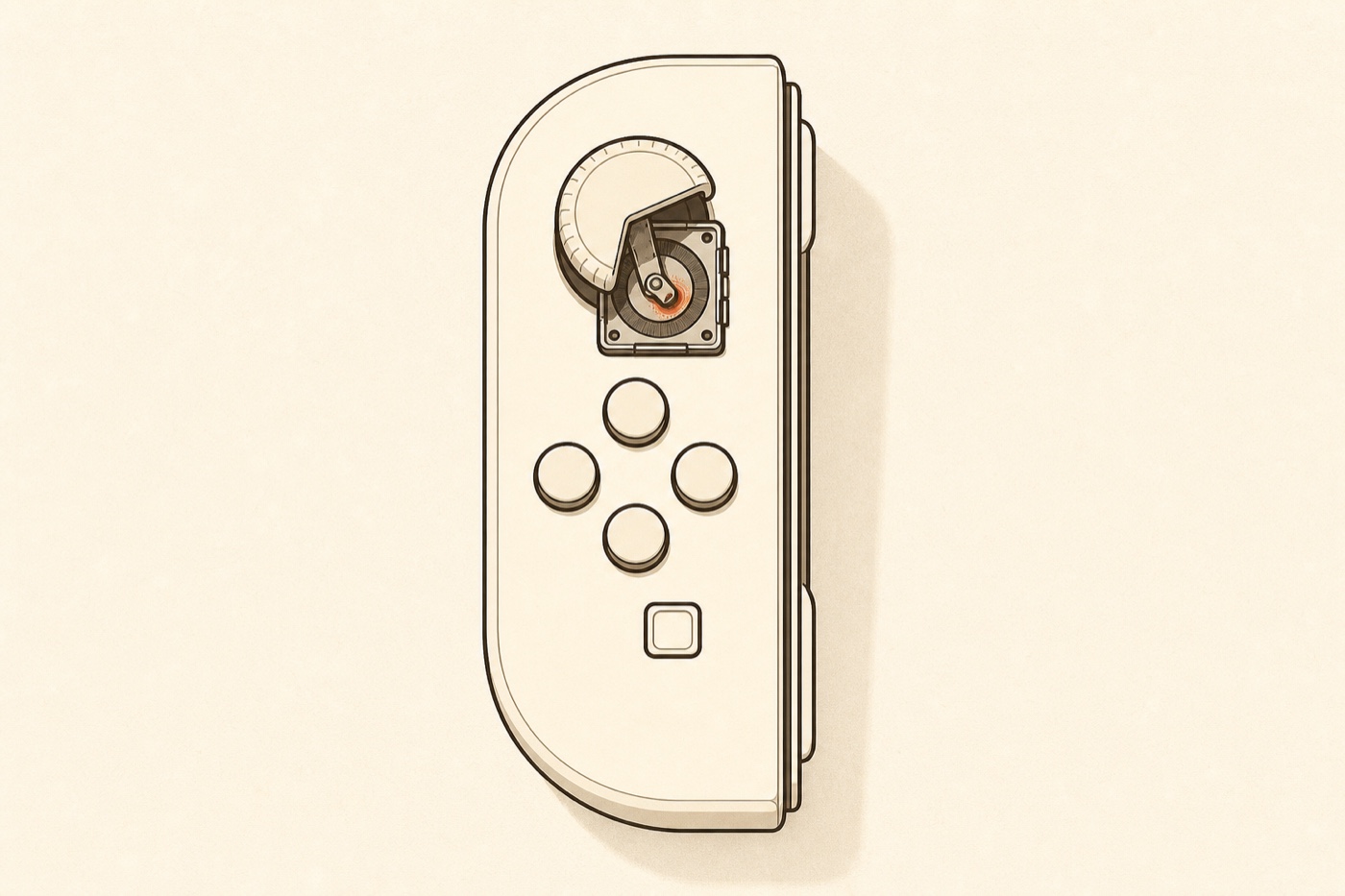 Cutaway of a Joy-Con-style controller showing the compact analog-stick module beneath the thumbstick: a small wiper rests on a resistive track with a worn terracotta patch at the centre resting point, where drift begins.