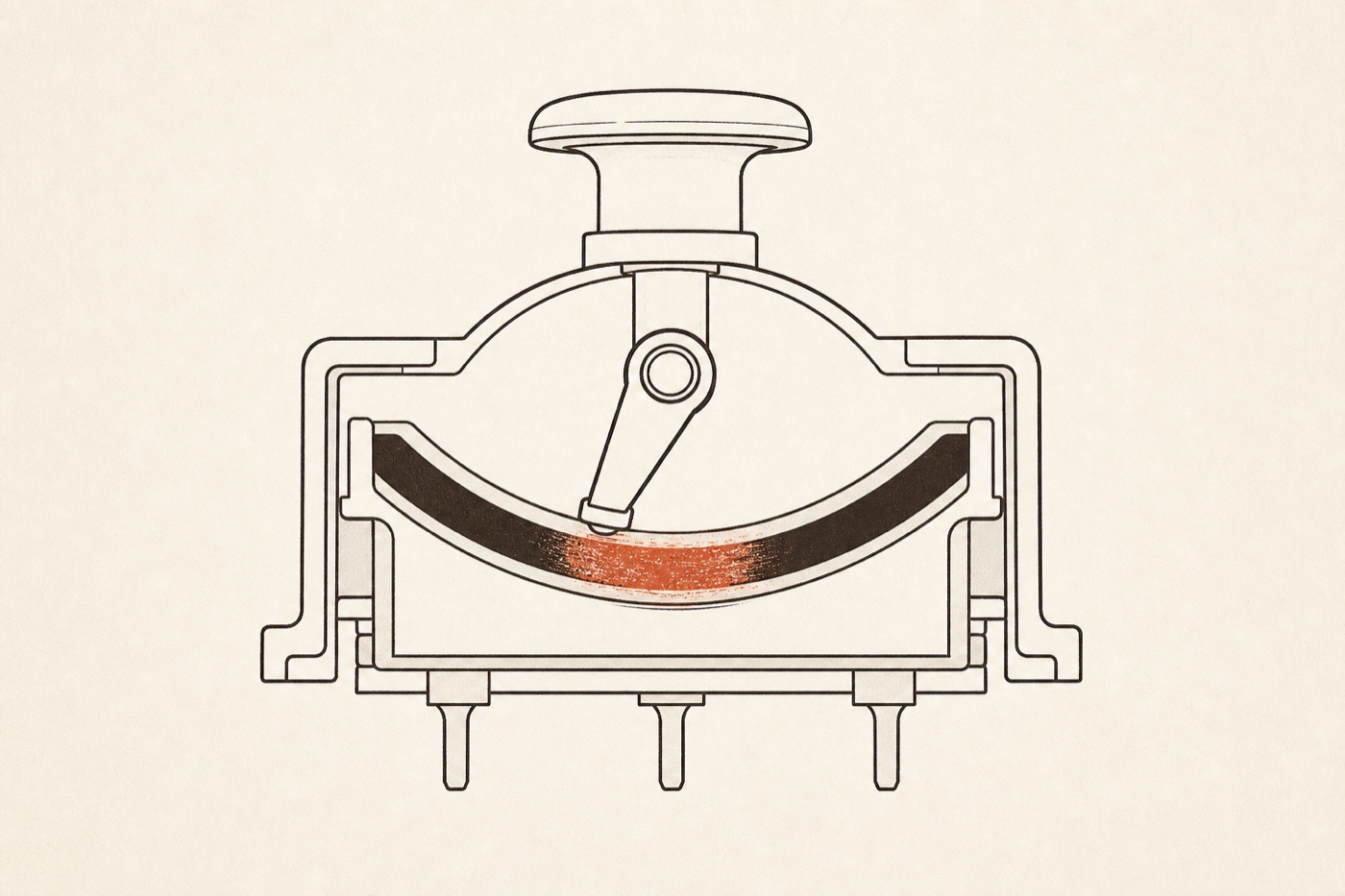 Cross-section of a potentiometer analog stick: a wiper arm rests on a curved resistive track with a worn terracotta patch at the centre resting point, where drift begins.