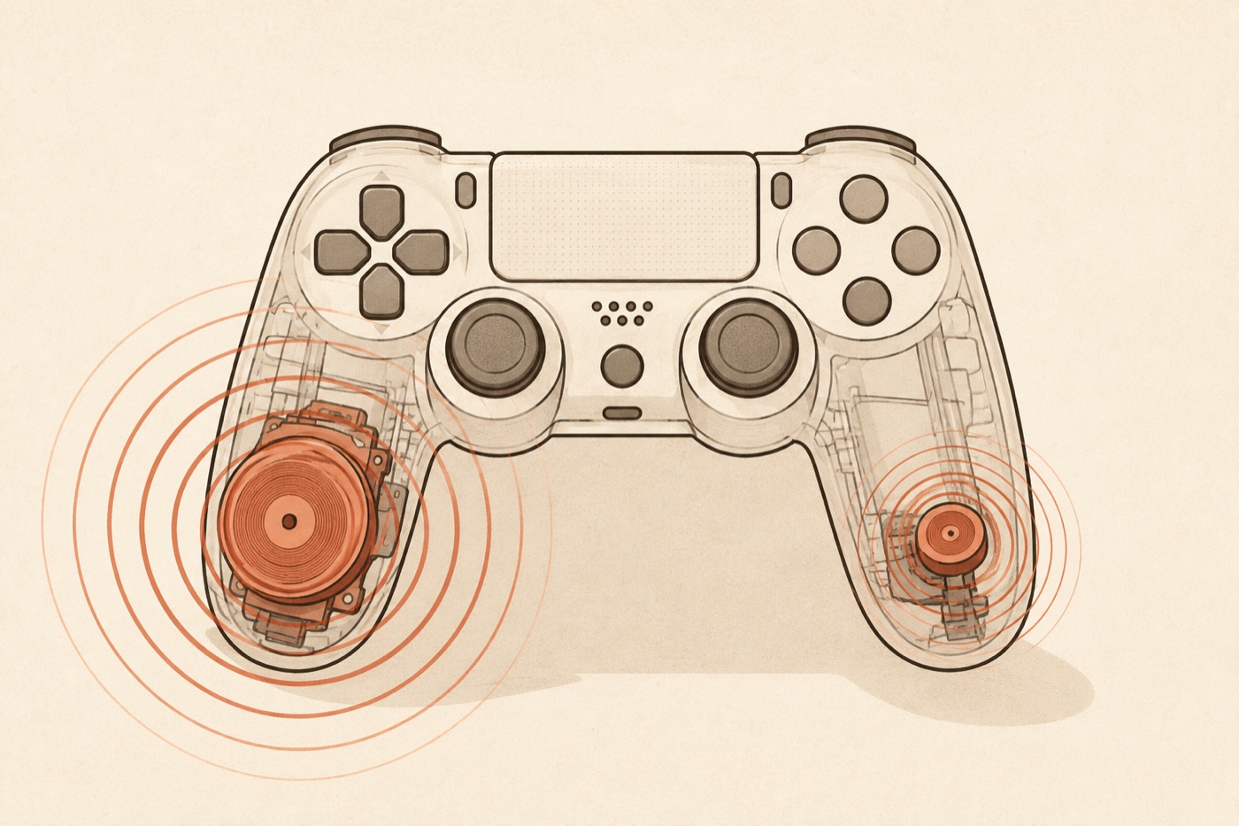 A typical dual-rumble controller with a larger heavy low-frequency motor in the left grip and a smaller light high-frequency motor in the right grip, each spinning an off-centre weight.
