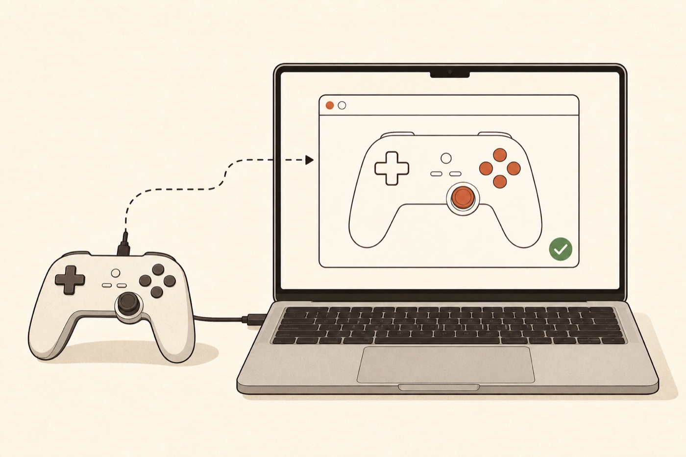 A game controller connected by a USB-C cable to a MacBook whose screen shows a browser-based controller test — the on-screen controller's buttons and stick are lit up next to a green check mark, meaning the controller is detected and working.