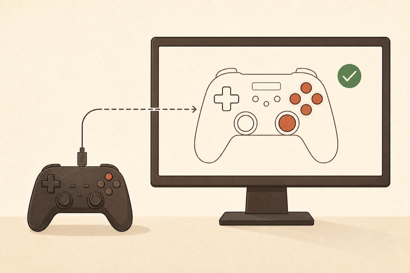 A game controller connected by a USB cable to a desktop Windows PC, whose monitor shows a browser-based controller test — the on-screen gamepad's buttons and stick are lit up next to a green check mark, meaning the controller is detected and working.