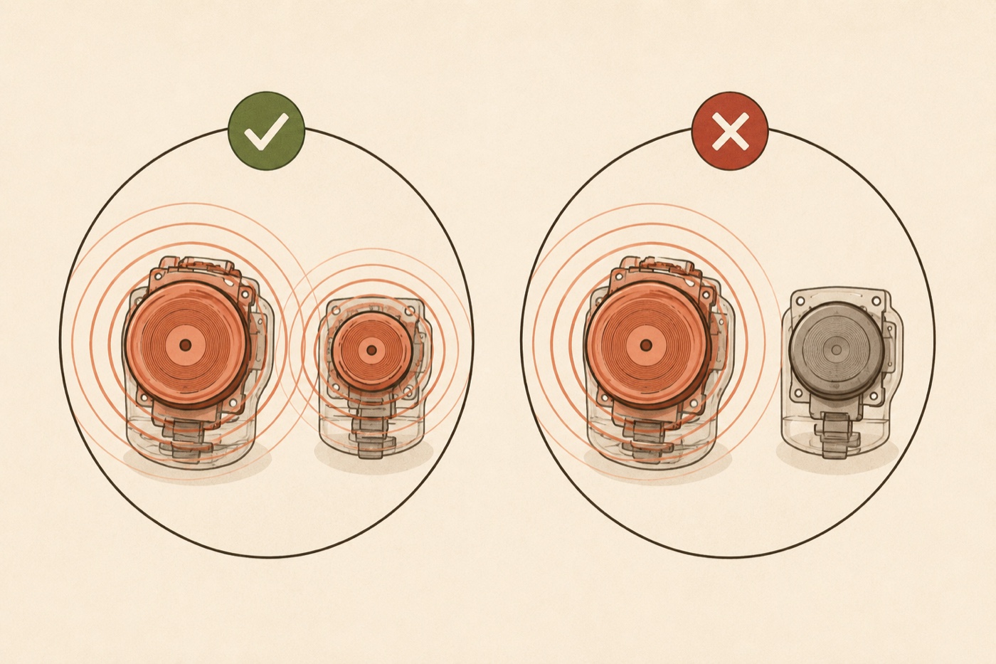 Two panels: a PASS panel where both rumble motors emit vibration waves, and a FAIL panel where one motor vibrates and the other stays silent.