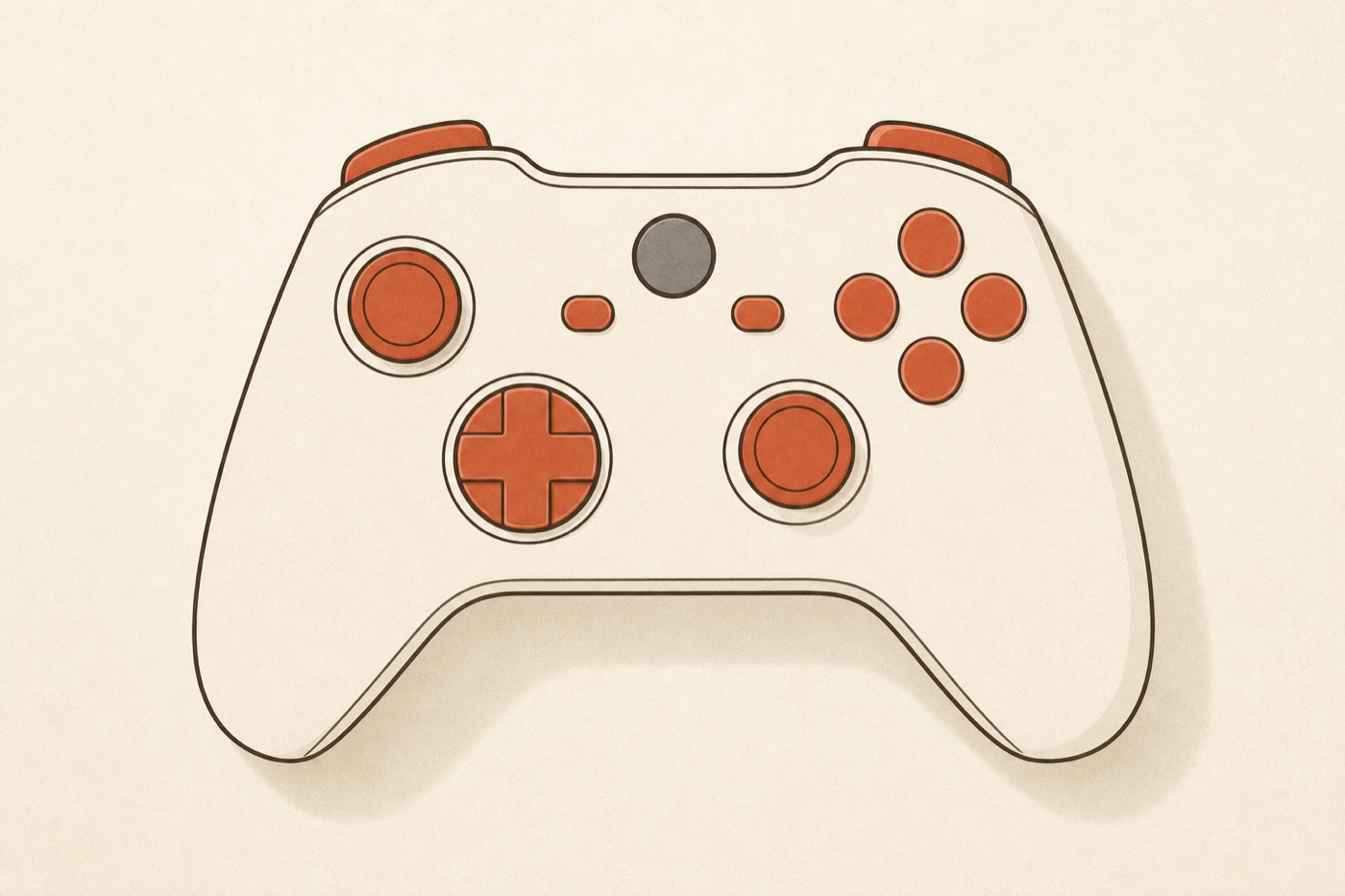 Top-down Xbox controller with every readable input glowing terracotta — face buttons, D-pad, sticks, bumpers and the View/Menu buttons — while only the central guide button is greyed out as OS-reserved.